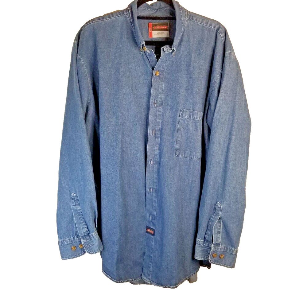 Men's Dickies Denim Shirt Pockets Long Sleeve Button Classic Blue Size 2XL